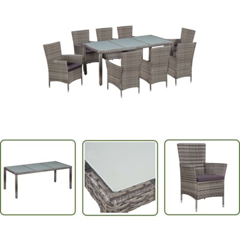 The Living Store Ensemble à manger d'extérieur 9pcs coussins Résine tressée Gris - Salon De Jardin - Meubles De Jardin - Ensemble Salon De Jardin - Table De Jardin - Chaises De Jardin