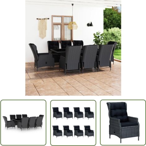 The Living Store Ensemble à manger d'extérieur 9pcs et coussins rotin gris foncé - Salon De Jardin - Mobilier De Jardin - Set De Salon De Jardin - Chaises Pliantes - Table Basse