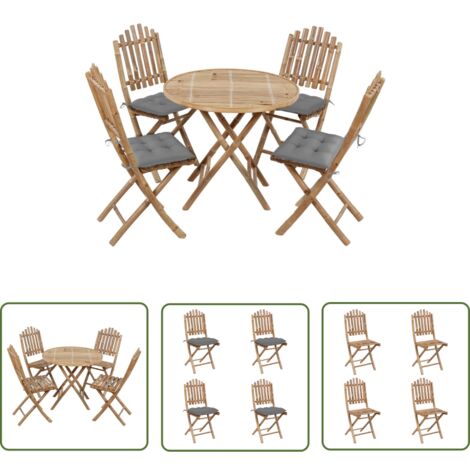The Living Store Ensemble à manger d'extérieur pliable 5pcs avec coussins Bambou - Salon De Jardin - Mobilier De Jardin - Set De Table Extérieur - Table Et Chaises Pliantes - Meubles En Bambou