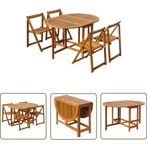 The Living Store Ensemble à manger d'extérieur pliable 5pcs Bois d'acacia solide - Salon De Jardin - Mobilier De Jardin - Table Extensible - Chaises Pliantes - Acacia