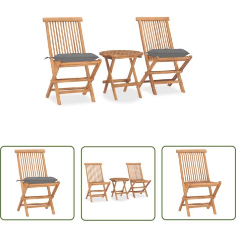 The Living Store Ensemble à manger d'extérieur pliable avec coussin 3 pcs Teck - Meubles De Jardin - Salon De Jardin - Set De Repas Extérieur - Mobilier De Jardin - Table Pliante