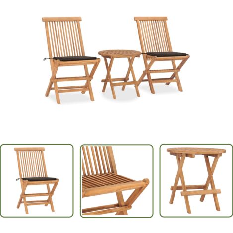 The Living Store Ensemble à manger d'extérieur pliable avec coussin 3 pcs Teck - Salon De Jardin - Mobilier De Jardin - Set De Repas Extérieur - Table Pliante - Chaise Pliante