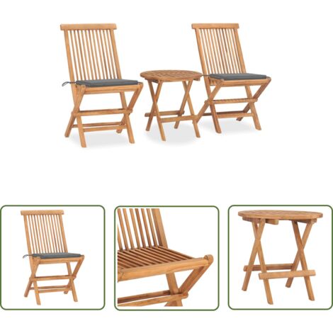 The Living Store Ensemble à manger d'extérieur pliable avec coussin 3 pcs Teck - Salon De Jardin - Mobilier De Jardin - Set De Repas Extérieur - Table Pliante - Chaises Pliantes