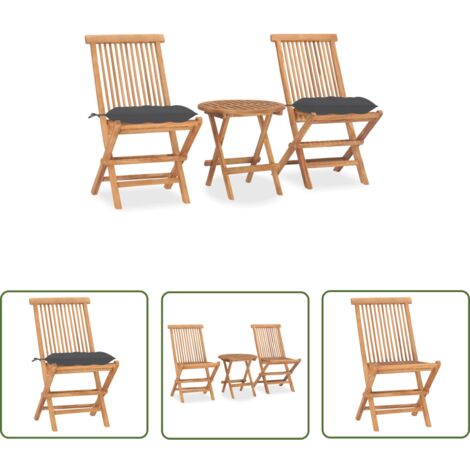 The Living Store Ensemble à manger d'extérieur pliable avec coussin 3 pcs Teck - Salon De Jardin - Mobilier De Jardin - Set De Repas Extérieur - Table Pliante - Chaises Pliantes
