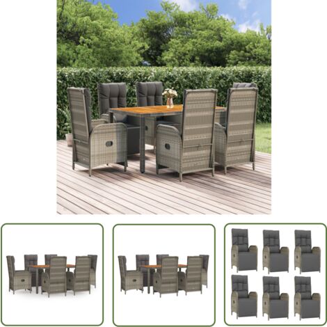The Living Store Ensemble à manger jardin et coussins 7 pcs gris rotin - Salon De Jardin - Mobilier De Jardin - Set De Salon De Jardin - Chaise Inclinable - Table De Jardin