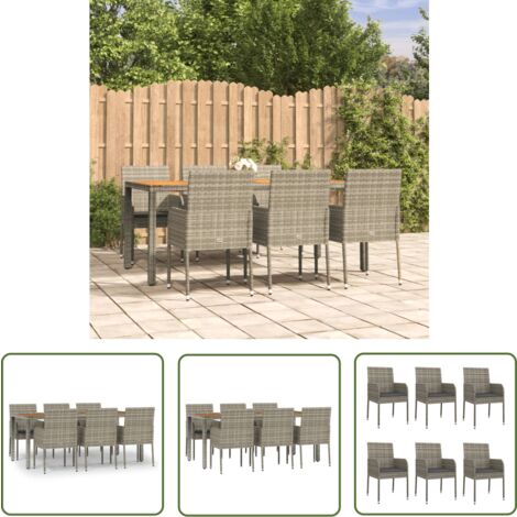 The Living Store Ensemble à manger jardin et coussins 7 pcs gris rotin - Salon De Jardin - Mobilier De Jardin - Set Repas Extérieur - Table Et Chaises - Rotin Synthétique
