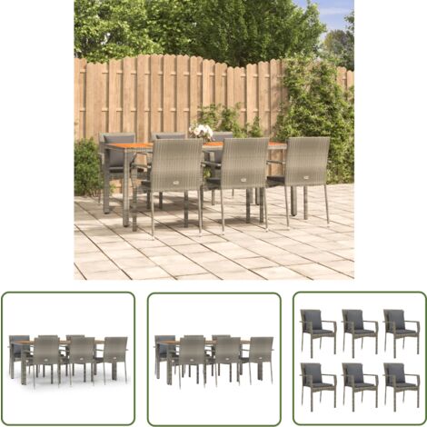 The Living Store Ensemble à manger jardin et coussins 7 pcs gris rotin - Salon De Jardin - Mobilier De Jardin - Set Repas Extérieur - Table Et Chaises - Table Basse