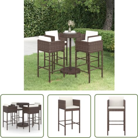 The Living Store Ensemble bar de jardin 5 pcs et coussins Résine tressée Marron - Ensemble Salon De Jardin - Mobilier De Jardin - Set De Bar Extérieur - Table Basse Extérieure - Chaises De Jardin