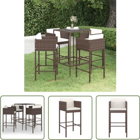 The Living Store Ensemble bar de jardin 5 pcs et coussins Résine tressée Marron - Salon De Jardin - Mobilier De Jardin - Set De Salon De Jardin - Ensemble De Bar Extérieur - Table De Bar