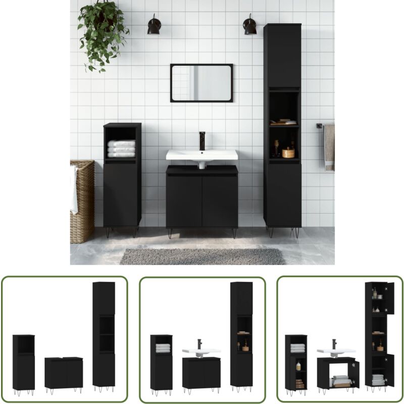 The Living Store - Ensemble d'armoires salle de bain 3 pcs noir bois d'ingénierie - Meublement Salle De Bain - Ensemble Meuble Salle De Bain