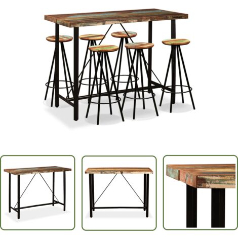 The Living Store Ensemble de bar 7 pcs Bois massif recyclé - Ensemble De Bar - Meuble Industriel - Table De Bar - Tabouret De Bar - Bois Massif