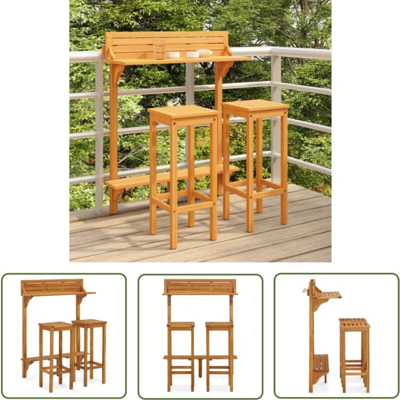 The Living Store - Ensemble de bar de balcon 3 pcs Bois d'acacia solide - Meubles De Jardin - Salon De Jardin - Set De Bar Extérieur - Mobilier