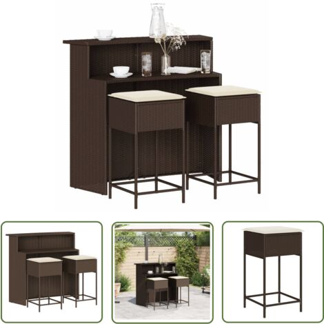 The Living Store Ensemble de bar de jardin 3 pcs et coussins brun résine tressée - Salon De Jardin - Mobilier De Jardin - Set De Salon De Jardin - Ensemble De Bar - Table Basse