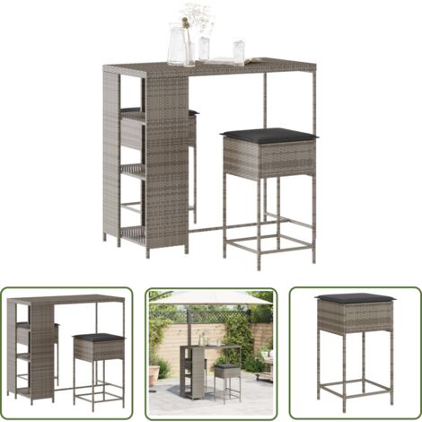 The Living Store Ensemble de bar de jardin 3 pcs et coussins gris résine tressée - Salon De Jardin - Mobilier De Jardin - Set Salon De Jardin - Table Basse - Chaise Lounge