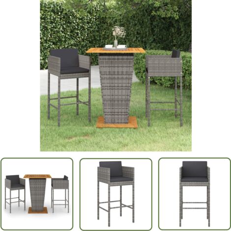 The Living Store Ensemble de bar de jardin 3 pcs et coussins Résine tressée Gris - Salon De Jardin - Mobilier De Jardin - Set De Salon De Jardin - Ensemble De Bar Extérieur - Table De Bar