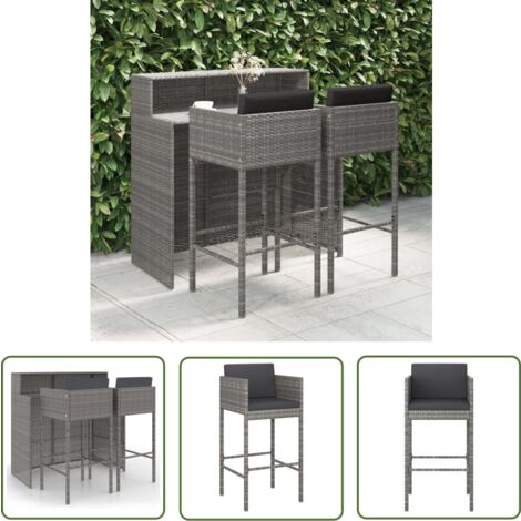 The Living Store Ensemble de bar de jardin 3 pcs et coussins Résine tressée Gris - Salon De Jardin - Mobilier De Jardin - Set De Salon De Jardin - Ensemble De Bar - Table De Bar