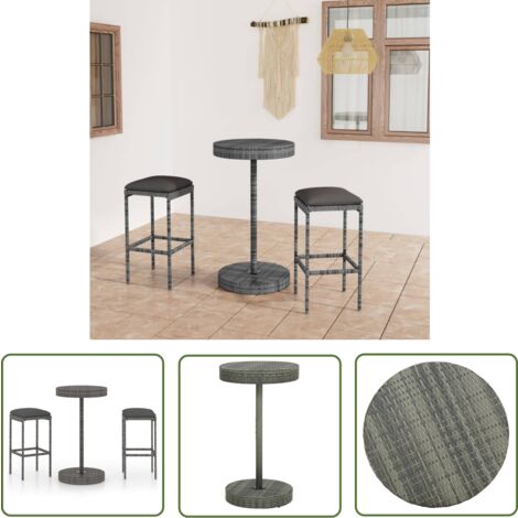 The Living Store Ensemble de bar de jardin 3 pcs et coussins Résine tressée Gris - Salon De Jardin - Mobilier De Jardin - Set De Salon De Jardin - Table De Bar - Chaises De Bar