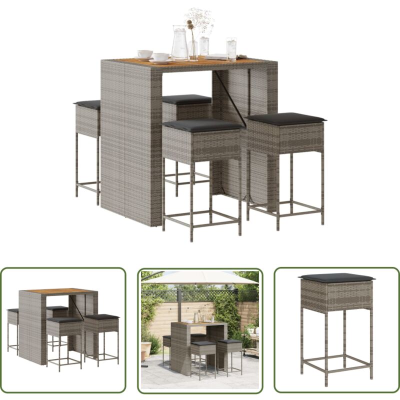 The Living Store - Ensemble de bar de jardin 5 pcs avec coussins gris poly rotin - Meubles De Jardin - Salon De Jardin - Set De Bar - Table Basse