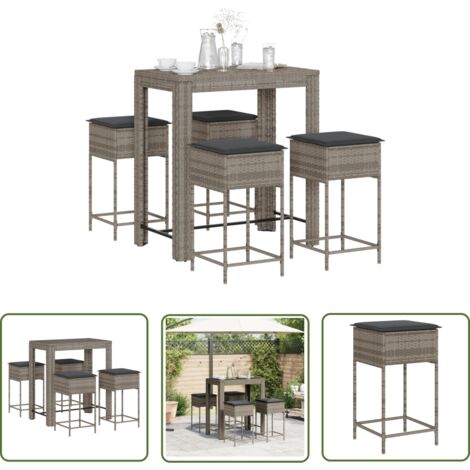 The Living Store Ensemble de bar de jardin 5 pcs avec coussins gris poly rotin - Salon De Jardin - Mobilier De Jardin - Set Salon De Jardin - Table Basse - Chaise Lounge
