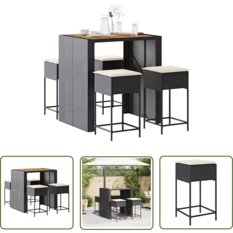 The Living Store Ensemble de bar de jardin 5 pcs avec coussins noir poly rotin - Meubles De Jardin - Salon De Jardin - Set De Bar Extérieur - Table Basse Extérieure - Chaises De Bar