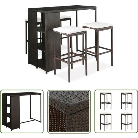 The Living Store Ensemble de bar de jardin 5 pcs coussins Résine tressée Marron - Ensemble Salon De Jardin - Mobilier De Jardin - Set De Bar Extérieur - Table Et Chaises De Jardin - Résine Tressée
