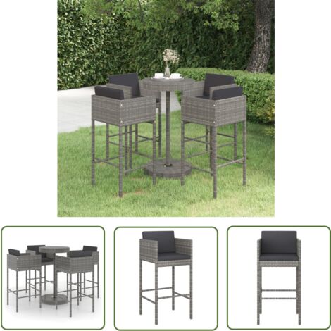 The Living Store Ensemble de bar de jardin 5 pcs et coussins Résine tressée Gris - Ensemble De Salon De Jardin - Mobilier De Jardin - Set De Bar Extérieur - Table Basse Extérieure - Chaises De Jardin