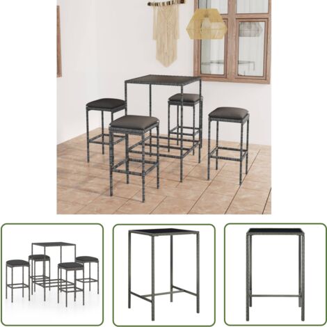 The Living Store Ensemble de bar de jardin 5 pcs et coussins Résine tressée Gris - Ensemble Salon De Jardin - Mobilier De Jardin - Set De Bar Extérieur - Table Basse Extérieure - Chaises Pliantes