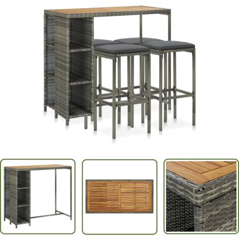 The Living Store Ensemble de bar de jardin 5 pcs et coussins Résine tressée Gris - Ensemble Salon De Jardin - Mobilier De Jardin - Set De Bar Extérieur - Table Et Chaises De Jardin - Résine Tressée