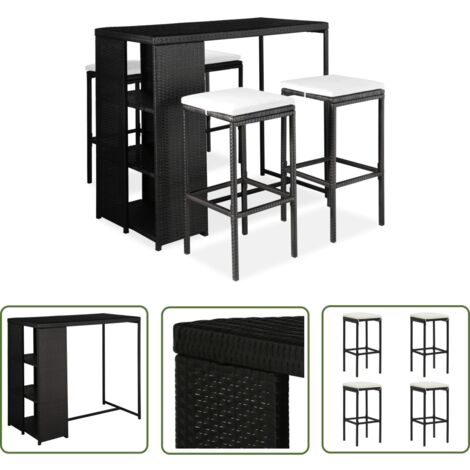 The Living Store Ensemble de bar de jardin 5 pcs et coussins Résine tressée Noir - Ensemble Salon De Jardin - Mobilier De Jardin - Set De Bar Extérieur - Table Et Chaises De Jardin - Résine Tressée