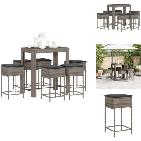 The Living Store Ensemble de bar de jardin 7 pcs avec coussins gris poly rotin - Meubles d'extérieur