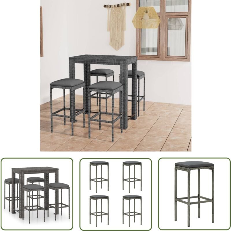 The Living Store Ensemble de bar de jardin 5 pcs et coussins Résine tressée Gris - Salon De Jardin - Mobilier De Jardin - Set De Salon De Jardin