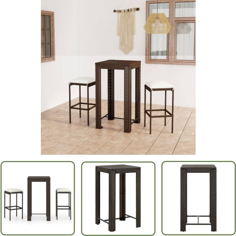 The Living Store - Ensemble de bar de jardin 3 pcs coussins Résine tressée Marron - Salon De Jardin - Mobilier De Jardin - Set De Salon De Jardin