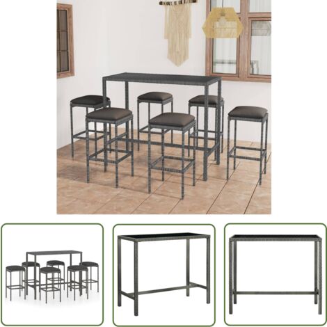 The Living Store Ensemble de bar de jardin 7 pcs et coussins Résine tressée Gris - Ensemble Salon De Jardin - Mobilier De Jardin - Set De Bar Extérieur - Table Basse Extérieure - Chaises De Jardin