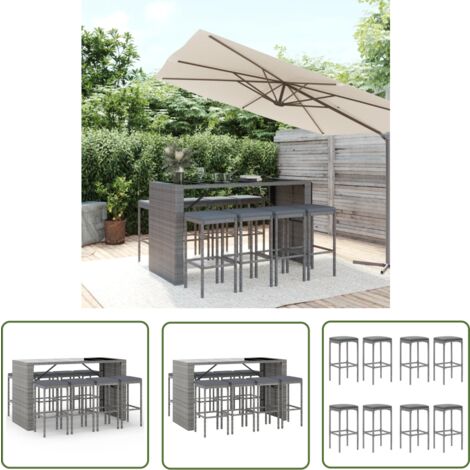 The Living Store Ensemble de bar de jardin 9 pcs avec coussins gris poly rotin - Ensemble Salon De Jardin - Mobilier De Jardin - Set De Bar Extérieur - Table De Bar - Chaises De Bar