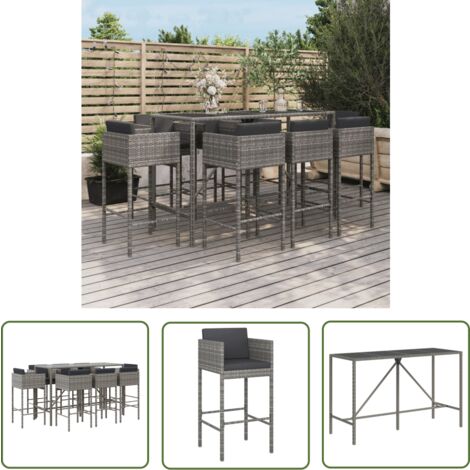 The Living Store Ensemble de bar de jardin 9 pcs avec coussins gris poly rotin - Ensemble Salon De Jardin - Mobilier De Jardin - Set De Bar Extérieur - Table Et Chaises De Jardin - Chaise Lounge Extér
