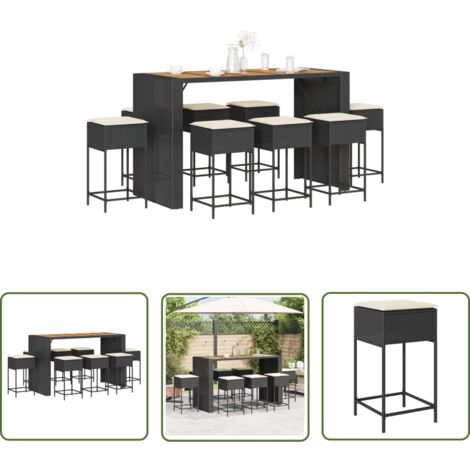 The Living Store Ensemble de bar de jardin 9 pcs avec coussins noir poly rotin - Meubles De Jardin - Salon De Jardin - Set De Bar Extérieur - Table Basse Extérieure - Chaises De Bar
