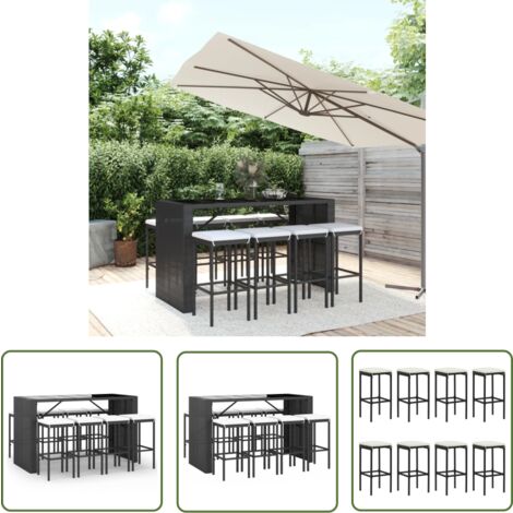The Living Store Ensemble de bar de jardin 9 pcs avec coussins noir poly rotin - Salon De Jardin - Mobilier De Jardin - Set De Salon De Jardin - Table De Bar - Chaises De Bar