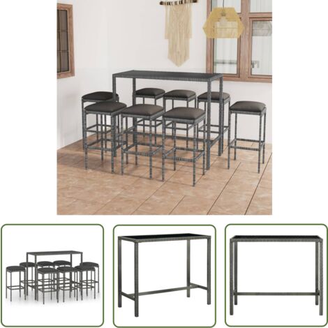 The Living Store Ensemble de bar de jardin 9 pcs et coussins Résine tressée Gris - Ensemble Salon De Jardin - Mobilier De Jardin - Set De Bar Extérieur - Table Basse Extérieure - Chaises De Jardin