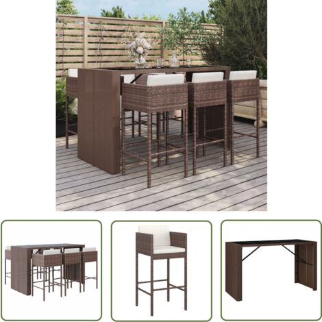 The Living Store Ensemble de bar de jardin avec coussins 7 pcs marron poly rotin - Salon De Jardin - Mobilier De Jardin - Set De Bar Extérieur - Table De Bar - Chaises De Bar