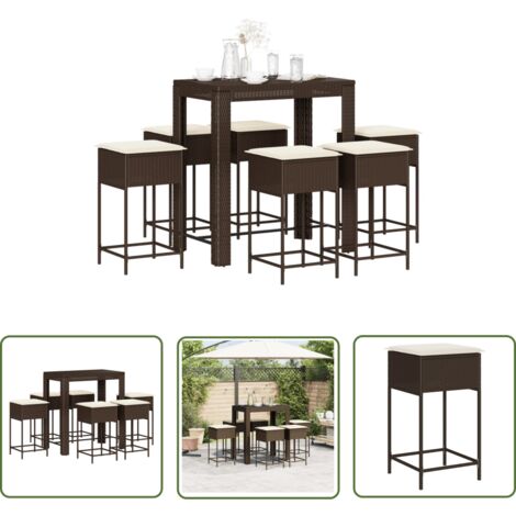 The Living Store Ensemble de bar de jardin avec coussins 7 pcs marron poly rotin - Salon De Jardin - Set Salon De Jardin - Mobilier De Jardin - Table Basse - Chaise Lounge