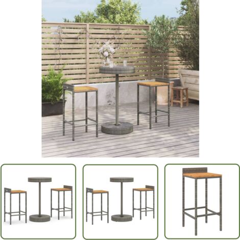 The Living Store Ensemble de bar jardin 3 pcs gris poly rotin/bois massif acacia - Ensemble Salon De Jardin - Mobilier De Jardin - Set De Bar Extérieur - Table Basse Jardin - Chaise Haute Jardin