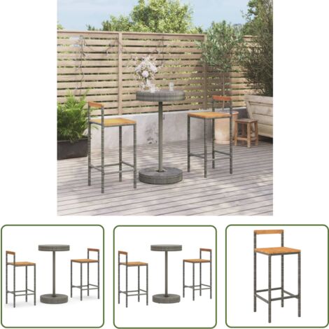 The Living Store Ensemble de bar jardin 3 pcs gris poly rotin/bois massif acacia - Ensemble Salon De Jardin - Mobilier De Jardin - Set De Bar Extérieur - Table Et Chaises De Bar - Table Basse Extérieu