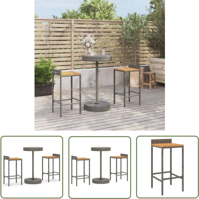 The Living Store Ensemble de bar jardin 3 pcs gris poly rotin/bois massif acacia - Ensemble Salon De Jardin - Mobilier De Jardin - Set De Bar