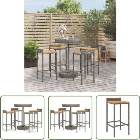 The Living Store Ensemble de bar jardin 5 pcs gris poly rotin/bois massif acacia - Ensemble Salon De Jardin - Mobilier De Jardin - Set De Bar Extérieur - Table Basse Extérieure - Chaises De Bar