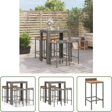The Living Store Ensemble de bar jardin 5 pcs gris poly rotin/bois massif acacia - Ensemble Salon De Jardin - Mobilier De Jardin - Set De Bar Extérieur - Table Et Chaises De Bar - Table Basse Jardin