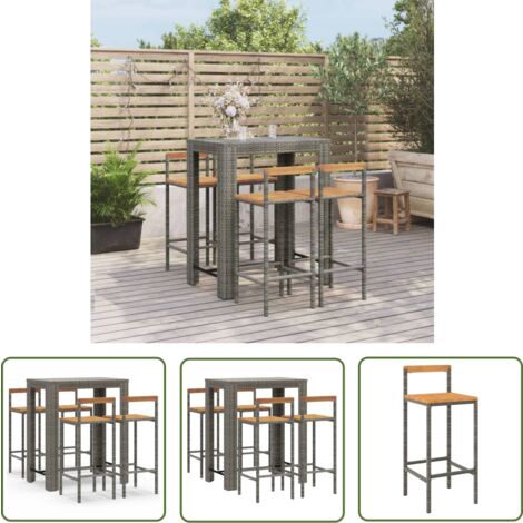 The Living Store Ensemble de bar jardin 5 pcs gris poly rotin/bois massif acacia - Salon De Jardin - Mobilier De Jardin - Set De Salon De Jardin - Table De Bar - Chaises De Bar