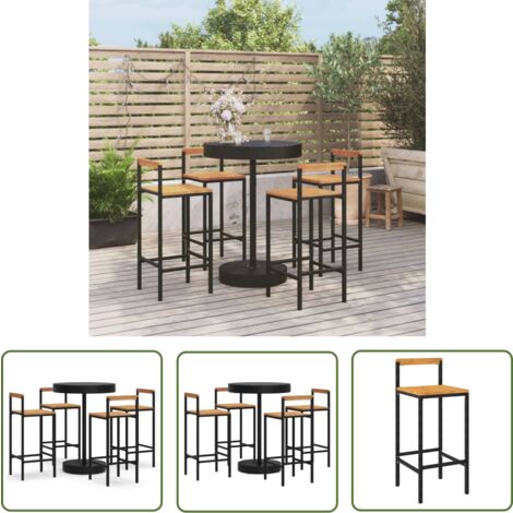 The Living Store Ensemble de bar jardin 5 pcs noir poly rotin/bois massif acacia - Ensemble Salon De Jardin - Mobilier De Jardin - Set De Bar Extérieur - Table Et Chaises De Bar - Table Basse Extérieu