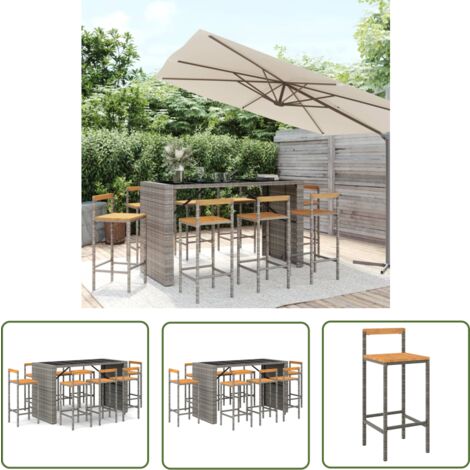 The Living Store Ensemble de bar jardin 9 pcs gris poly rotin/bois massif acacia - Ensemble Salon De Jardin - Mobilier De Jardin - Set De Bar Extérieur - Table Et Chaises De Bar - Chaise De Bar