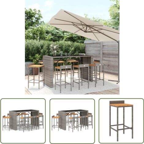 The Living Store Ensemble de bar jardin 9 pcs gris poly rotin/bois massif acacia - Ensemble Salon De Jardin - Mobilier De Jardin - Set De Bar Extérieur - Table Et Chaises De Bar - Chaise De Bar Résist