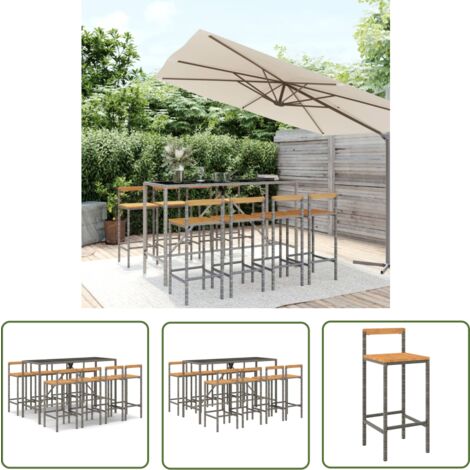 The Living Store Ensemble de bar jardin 9 pcs gris poly rotin/bois massif acacia - Salon De Jardin - Mobilier De Jardin - Set De Salon De Jardin - Table De Bar - Chaises De Bar